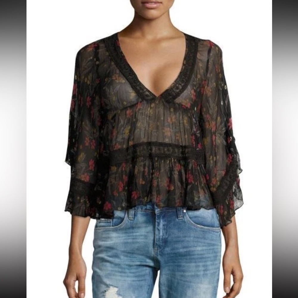 Free People Black Sheer Floral V-Neck Peplum Blouse